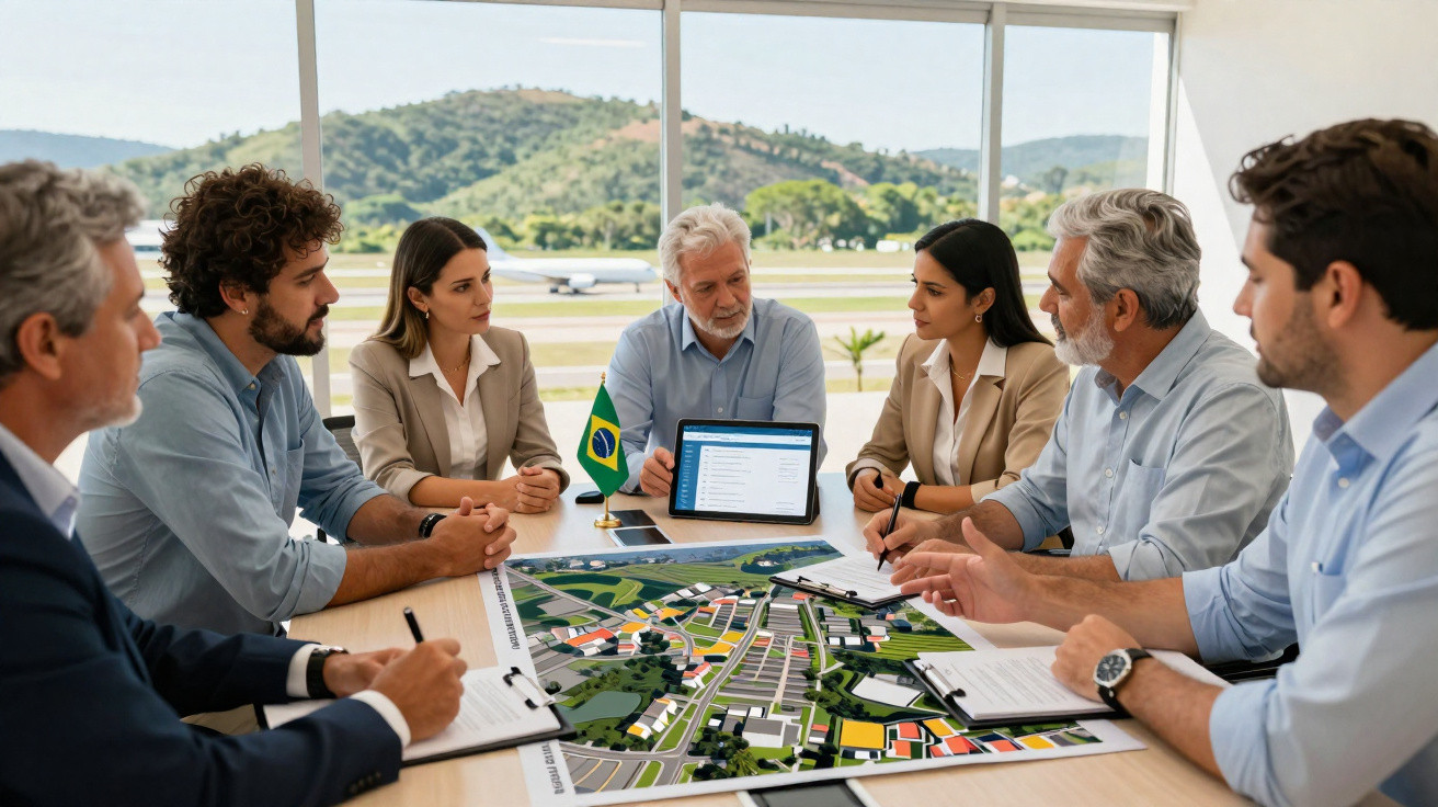 Grupo de profissionais reunidos analisando projeto urbano com maquete e tablet em sala com vista para aeroporto.