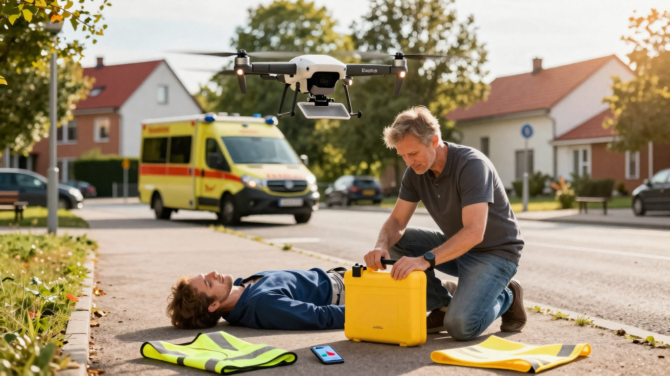 Homem usando drone e equipamentos médicos para atender pessoa caída na calçada em área residencial.