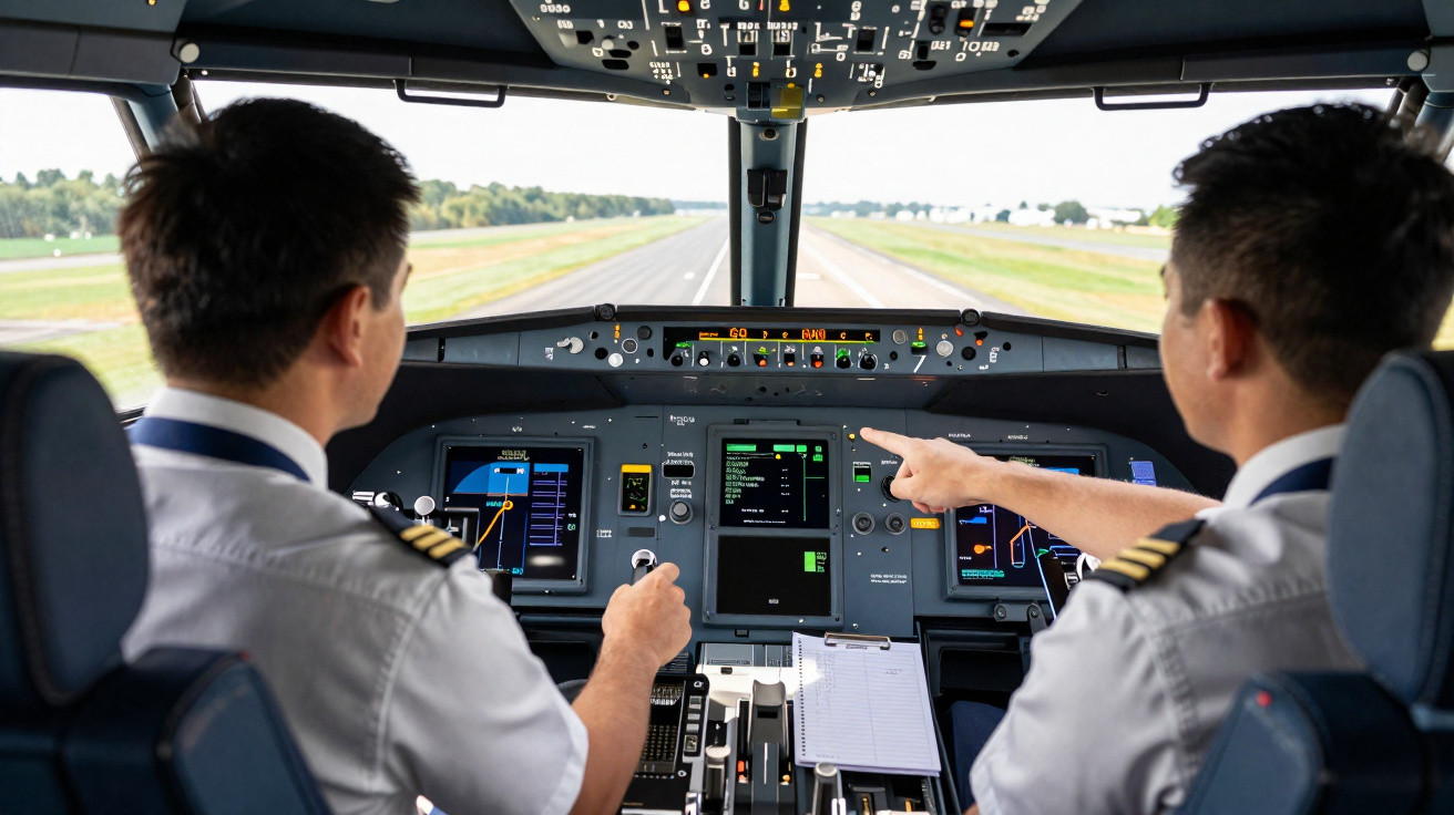 Dois pilotos em uniforme operando controles na cabine de comando de um avião durante a decolagem.