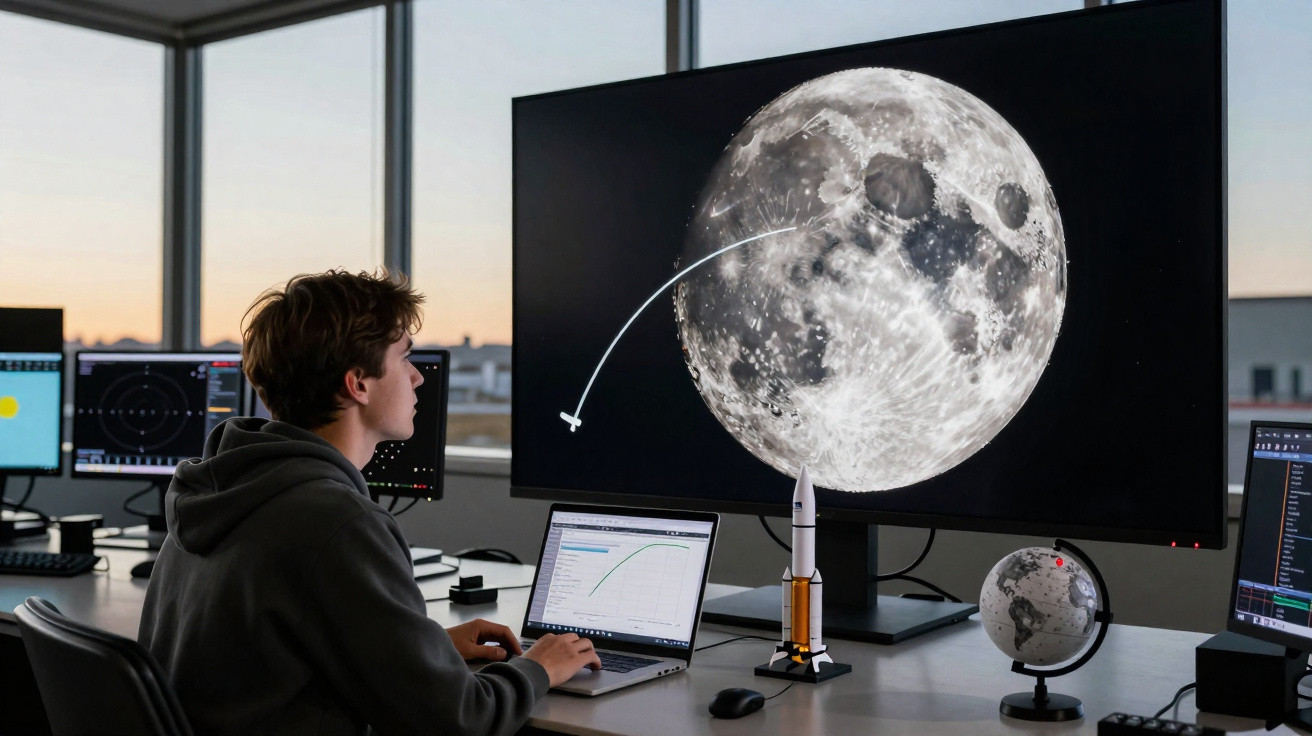 Pessoa trabalhando em computador com tela grande mostrando trajetória de foguete até a lua.