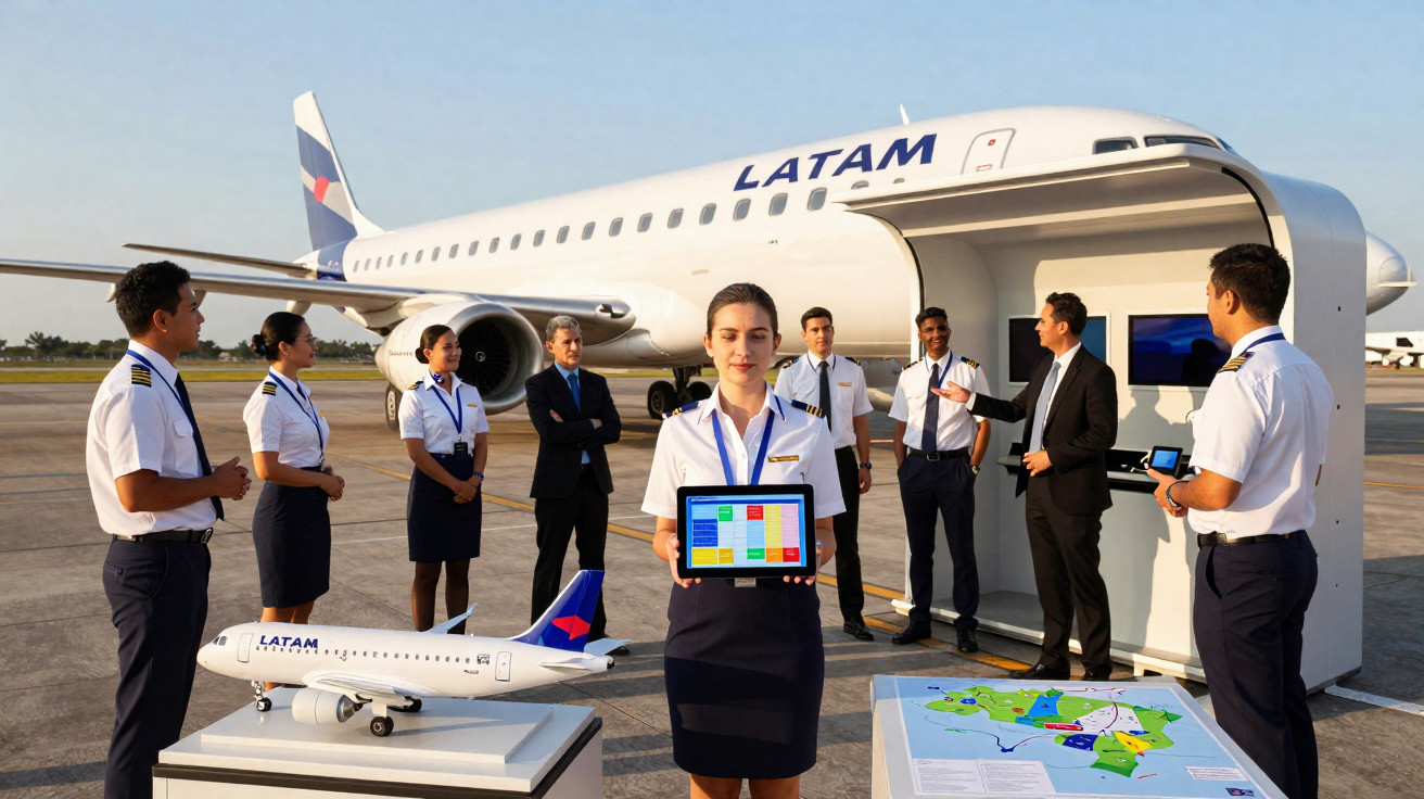 Equipe da LATAM com uniforme, apresentando tablet e maquetes de avião no pátio ao lado de aeronave.