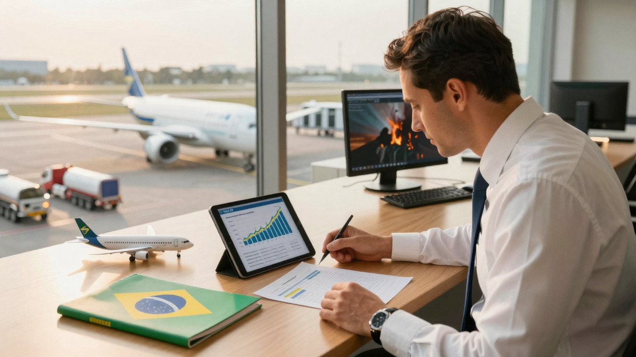 Homem de negócios analisa gráficos em tablet e documentos com avião no aeroporto ao fundo.