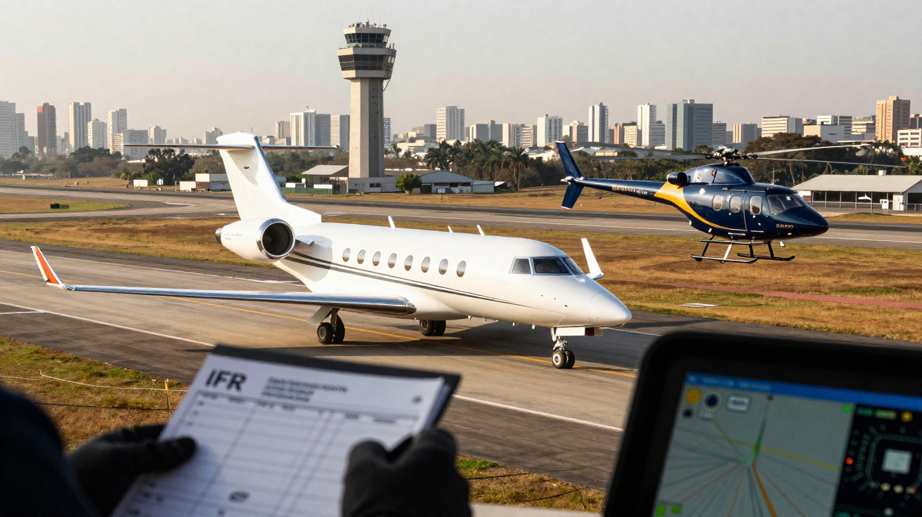 Avião executivo taxiando e helicóptero pousando em aeroporto com torre de controle e prédios ao fundo.