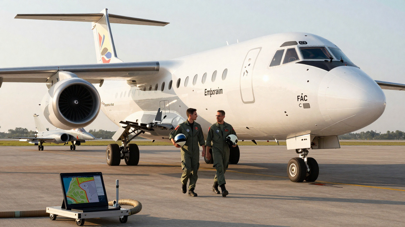 Dois pilotos caminhando ao lado de avião branco estacionado em pista de aeroporto ao entardecer.