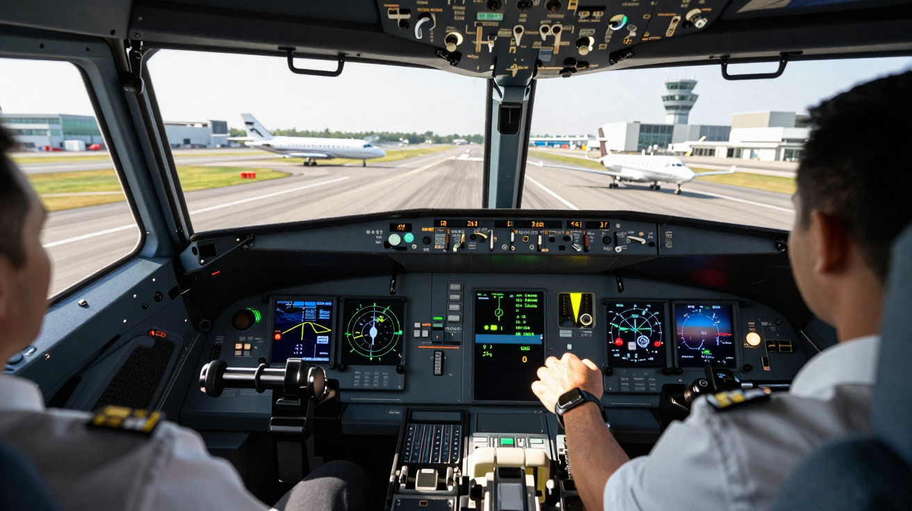 Cockpit de avião com dois pilotos prontos para decolar em pista de aeroporto com aeronaves ao fundo.