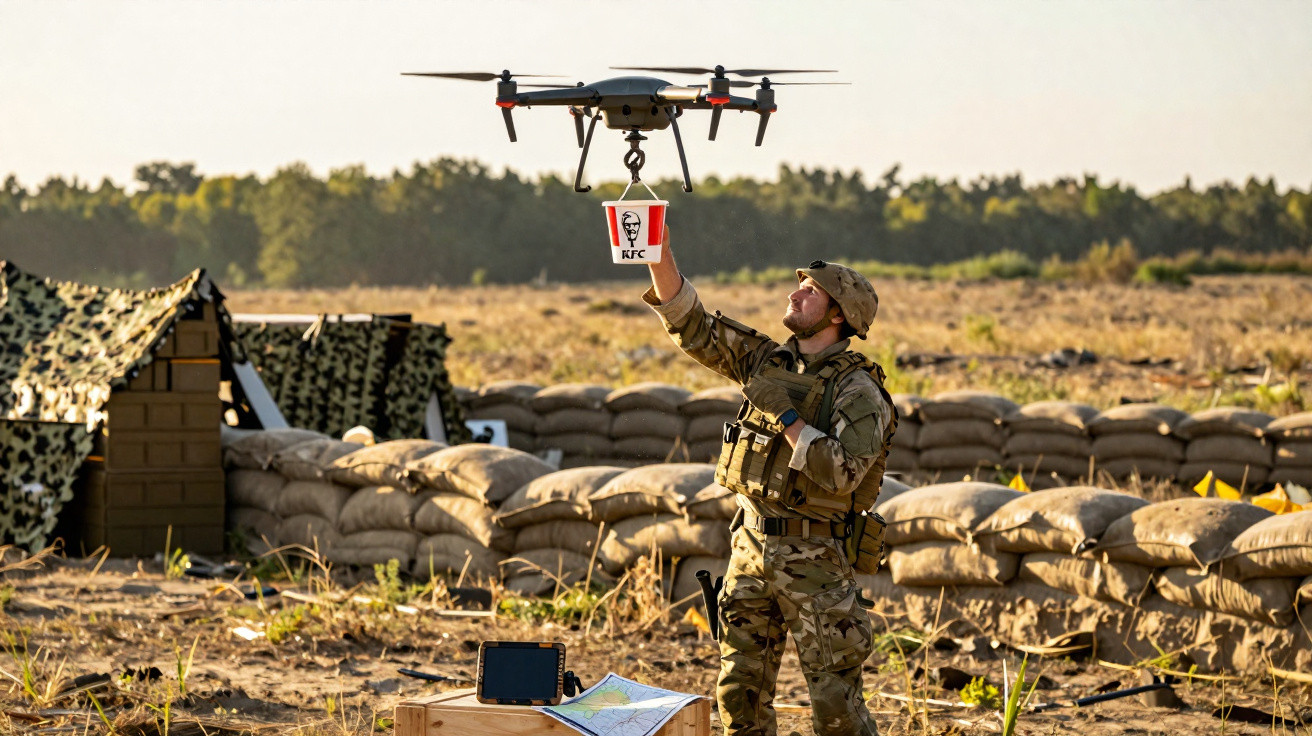 Soldado em campo recebendo balde do KFC entregue por drone militar.