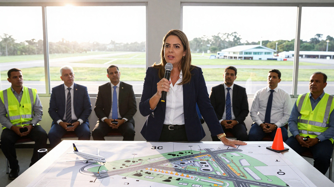 Mulher falando em microfone ao lado de maquete e planta de aeroporto com cinco homens ao fundo em reunião.