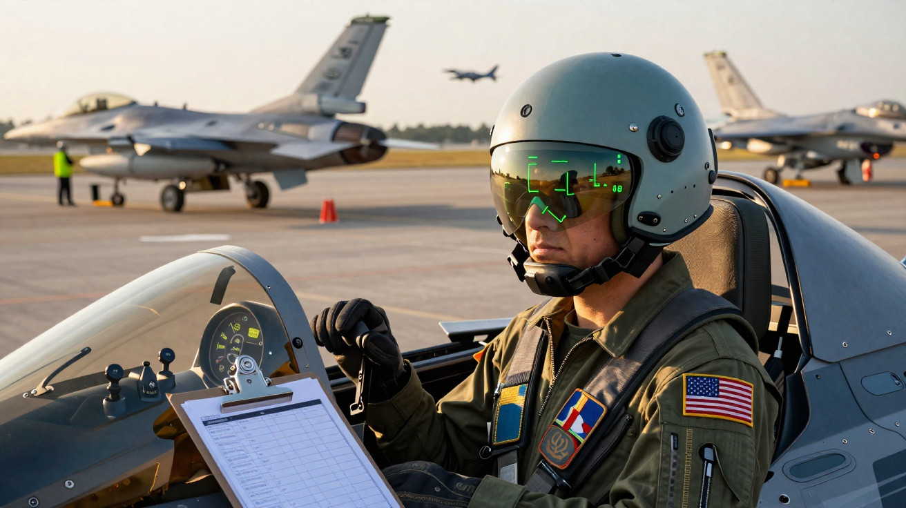 Piloto militar com capacete e óculos escuros dentro de caça, com aviões e pista ao fundo.