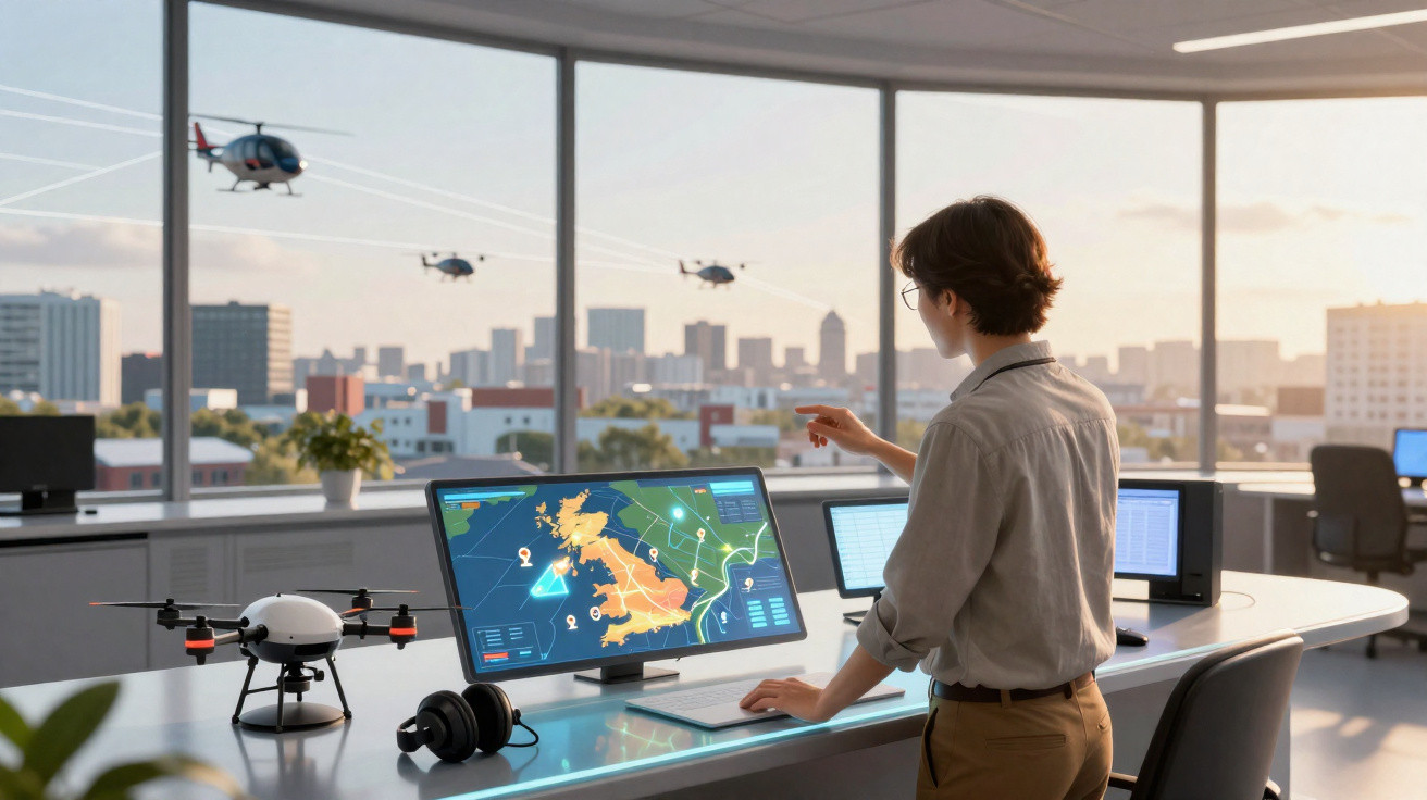 Pessoa controlando drones em escritório moderno com vista urbana e três helicópteros no céu ao fundo.