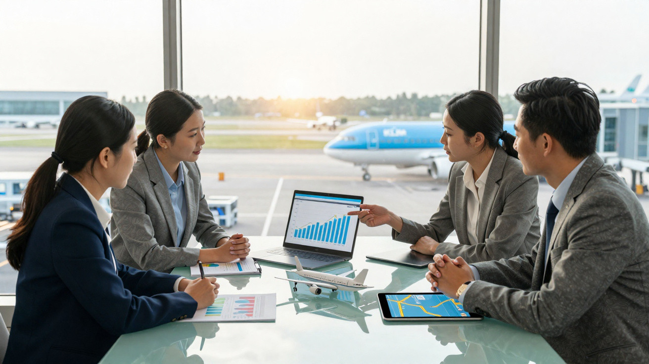 Quatro profissionais discutem gráficos de crescimento em reunião com avião ao fundo no aeroporto.