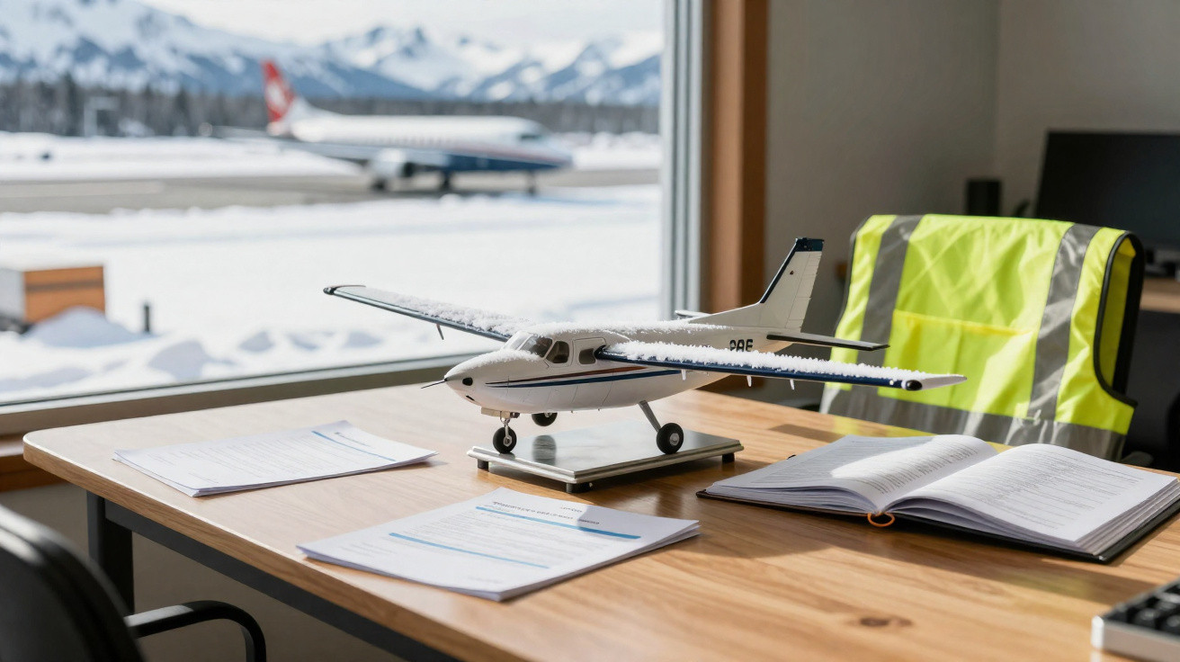 Modelo de avião sobre mesa de madeira com documentos, livro aberto e colete refletivo, janela com vista para pista e neve.