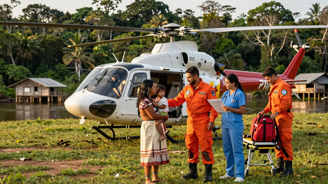 Helicóptero de resgate em área rural com equipe de atendimento e mãe segurando criança pequena.