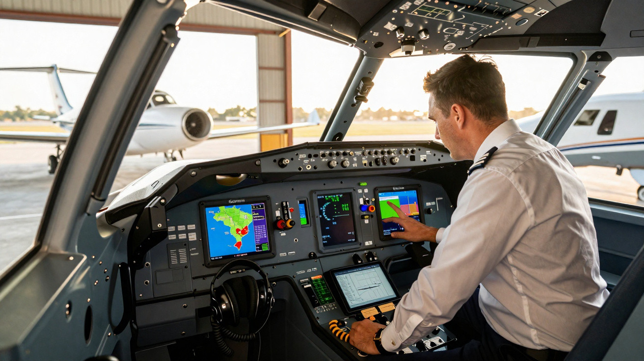 Piloto masculino operando painéis eletrônicos no cockpit de avião privado durante o dia.