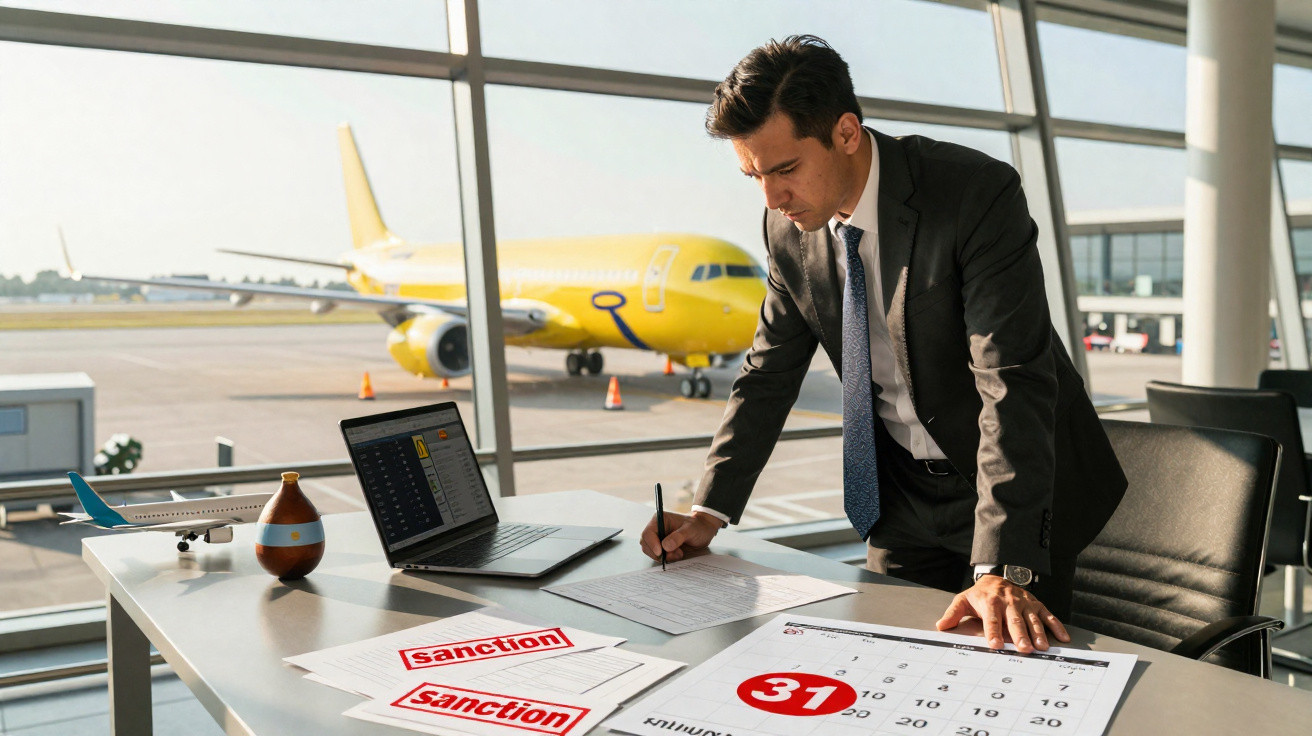 Homem de terno revisa documentos com carimbo "sanction" em mesa no aeroporto com avião amarelo ao fundo.