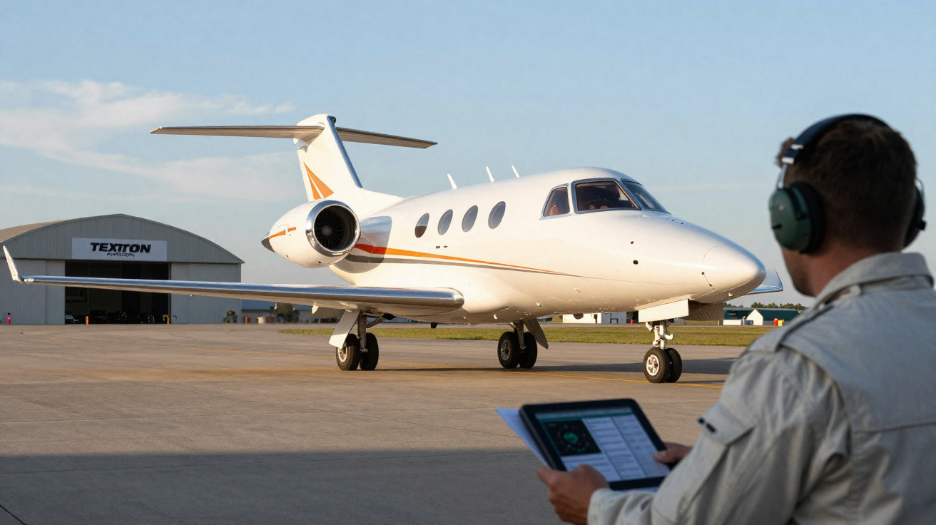 Avião executivo branco taxiando no aeroporto com técnico segurando tablet e usando fones de ouvido.