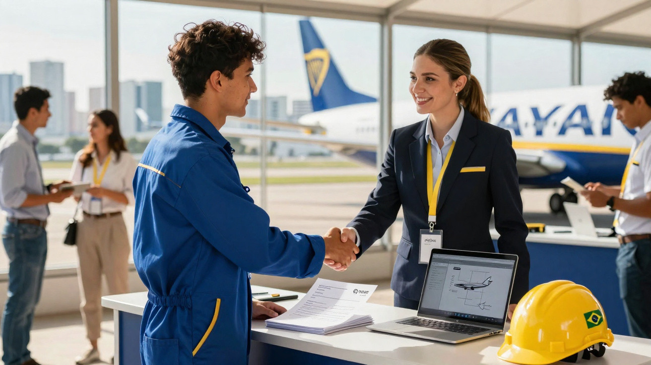 Funcionária cumprimenta homem com macacão azul em balcão de aeroporto com capacete amarelo e avião ao fundo.