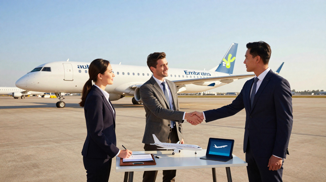 Três profissionais em traje formal apertando mãos em frente a um avião Embraer no aeroporto.