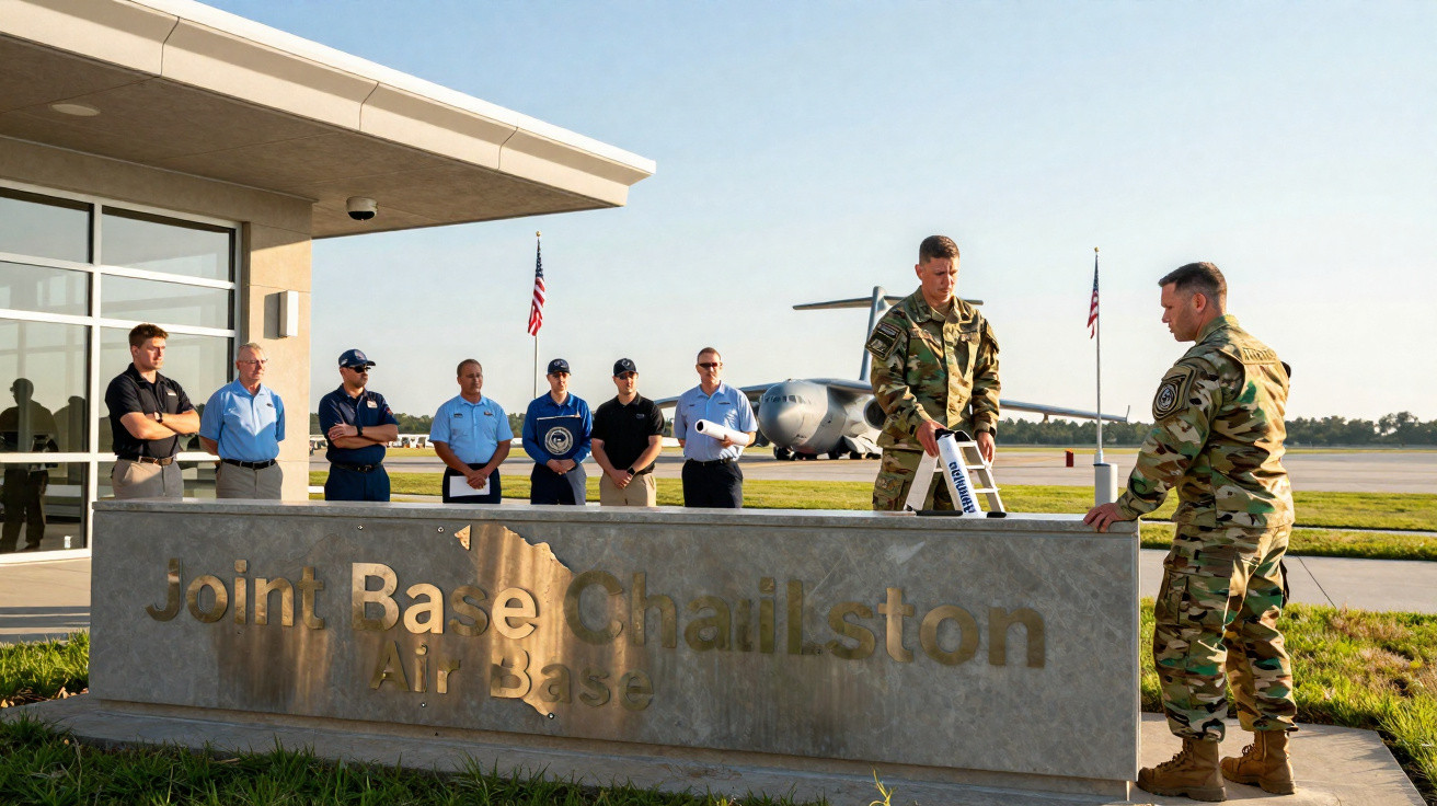 Militares e civis em reunião ao ar livre na base aérea Joint Base Charleston com avião ao fundo.