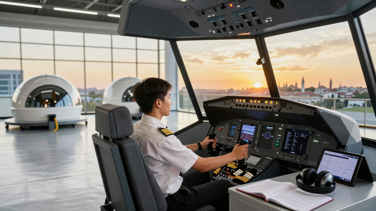 Piloto em treinamento sentado em simulador de voo com pôr do sol visível pela janela.