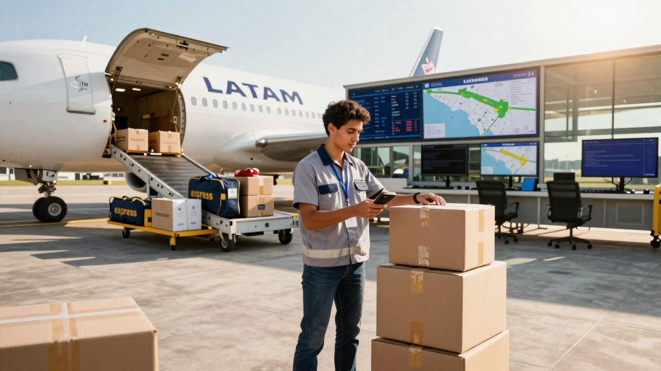 Funcionário conferindo encomendas em caixas no pátio com avião da Latam e monitores de logística ao fundo.