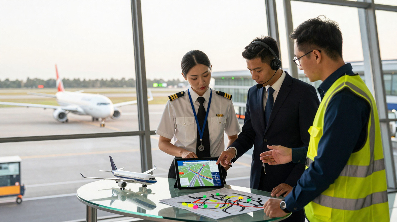 Pessoas em reunião no aeroporto com maquete de avião e mapas sobre uma mesa de vidro.