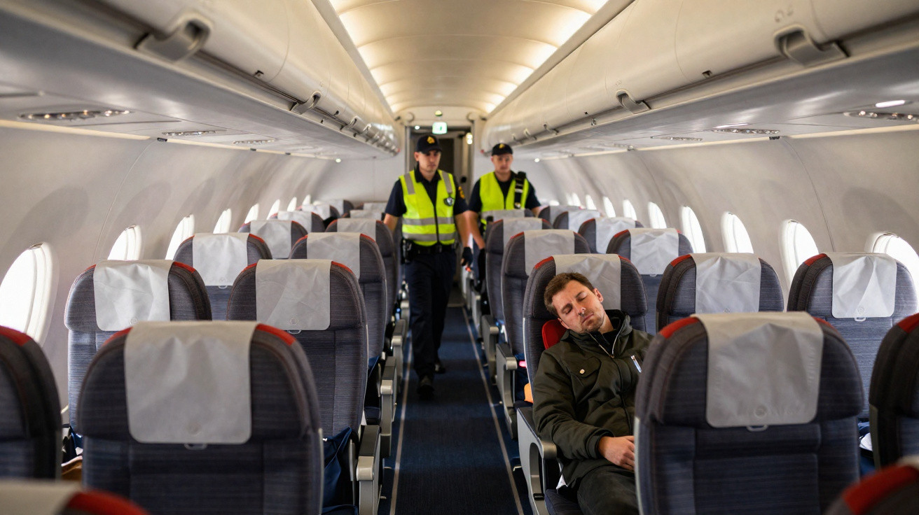 Homem dorme em poltrona de avião com dois policiais andando no corredor ao fundo.
