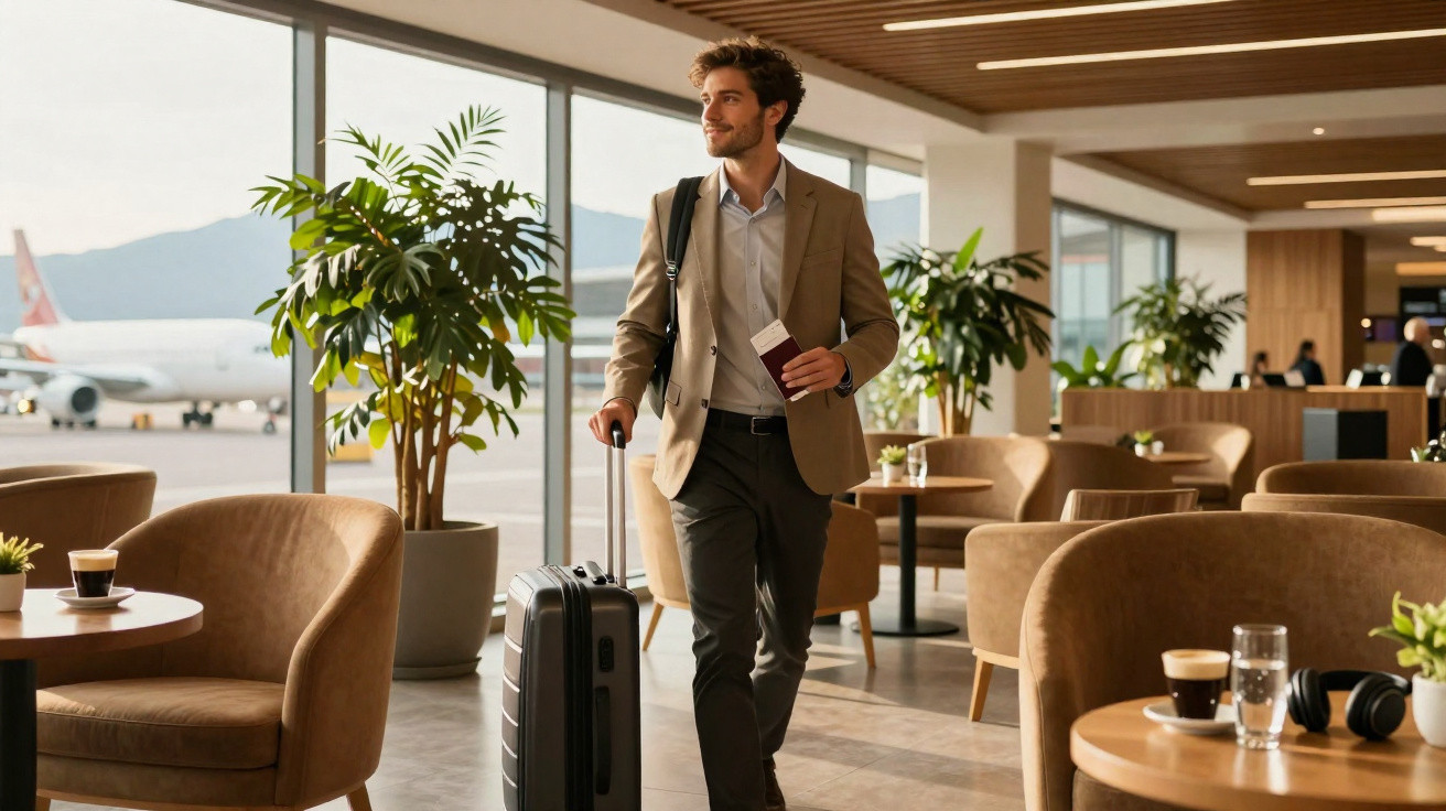 Homem com mala e passaporte caminhando em lounge de aeroporto com poltronas e avião ao fundo.