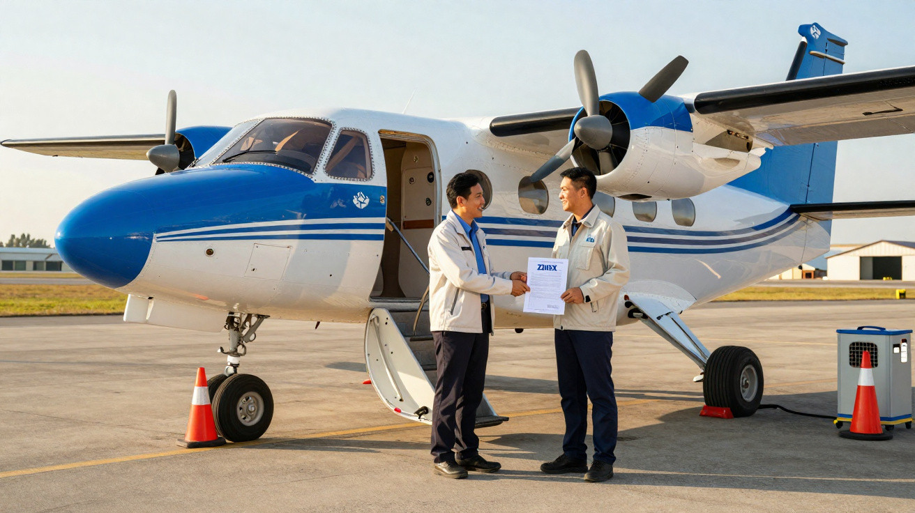 Dois homens apertando as mãos em frente a um avião de pequeno porte em um aeroporto.