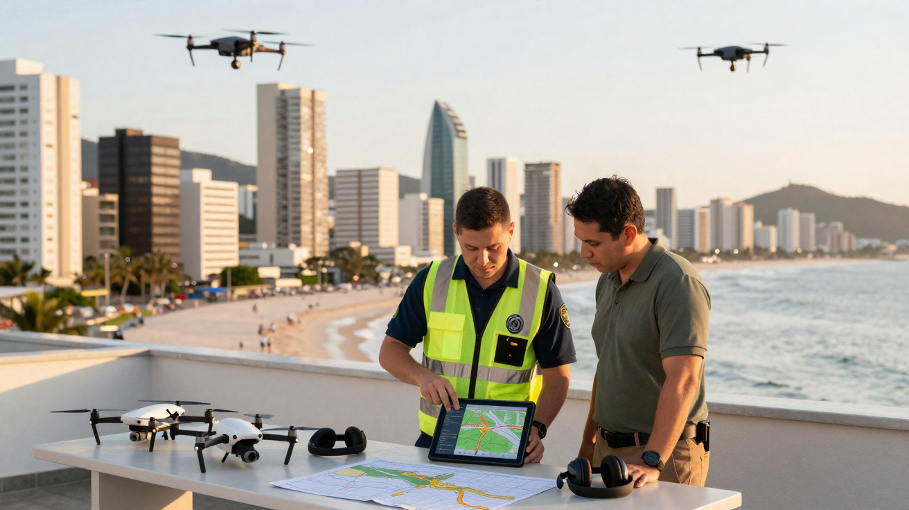 Dois homens controlam drones em área urbana à beira-mar, com mapas e equipamentos de vigilância sobre a mesa.