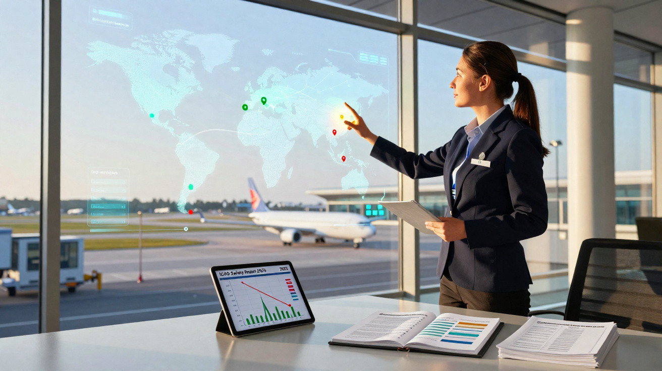 Mulher em escritório de aeroporto interagindo com mapa digital de rotas aéreas e gráficos em tablet e documentos.