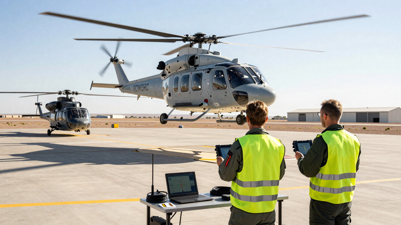 Dois técnicos com coletes refletivos operando helicóptero branco no heliponto de um aeroporto.