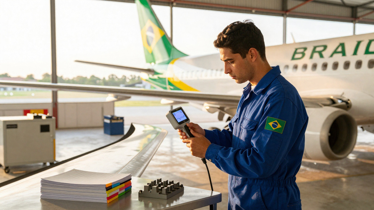 Técnico em uniforme azul inspeciona peça de avião da companhia aérea brasileira em hangar.