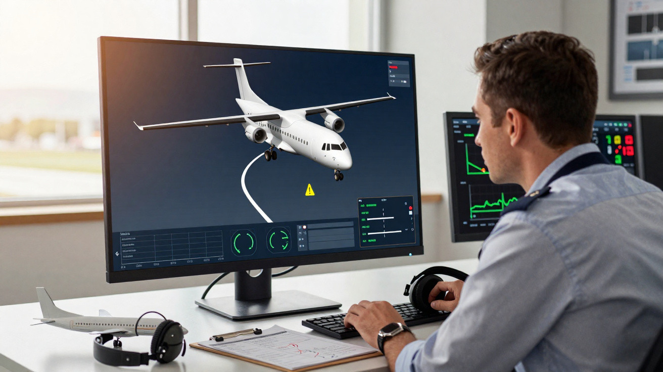 Homem em uniforme operando simulação de voo de avião na tela de computador em escritório.