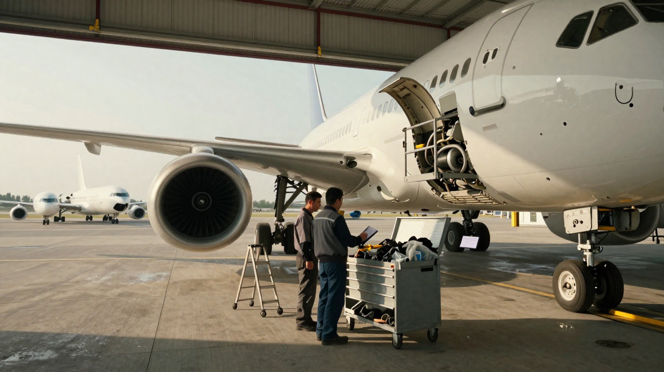 Dois técnicos inspecionam a parte frontal de uma aeronave branca em hangar com outras aeronaves ao fundo.