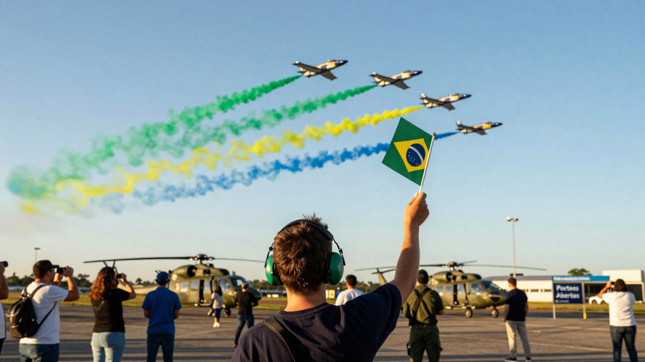 Pessoa segura bandeira do Brasil enquanto aviões fazem apresentação com fumaça verde, amarela e azul no céu.