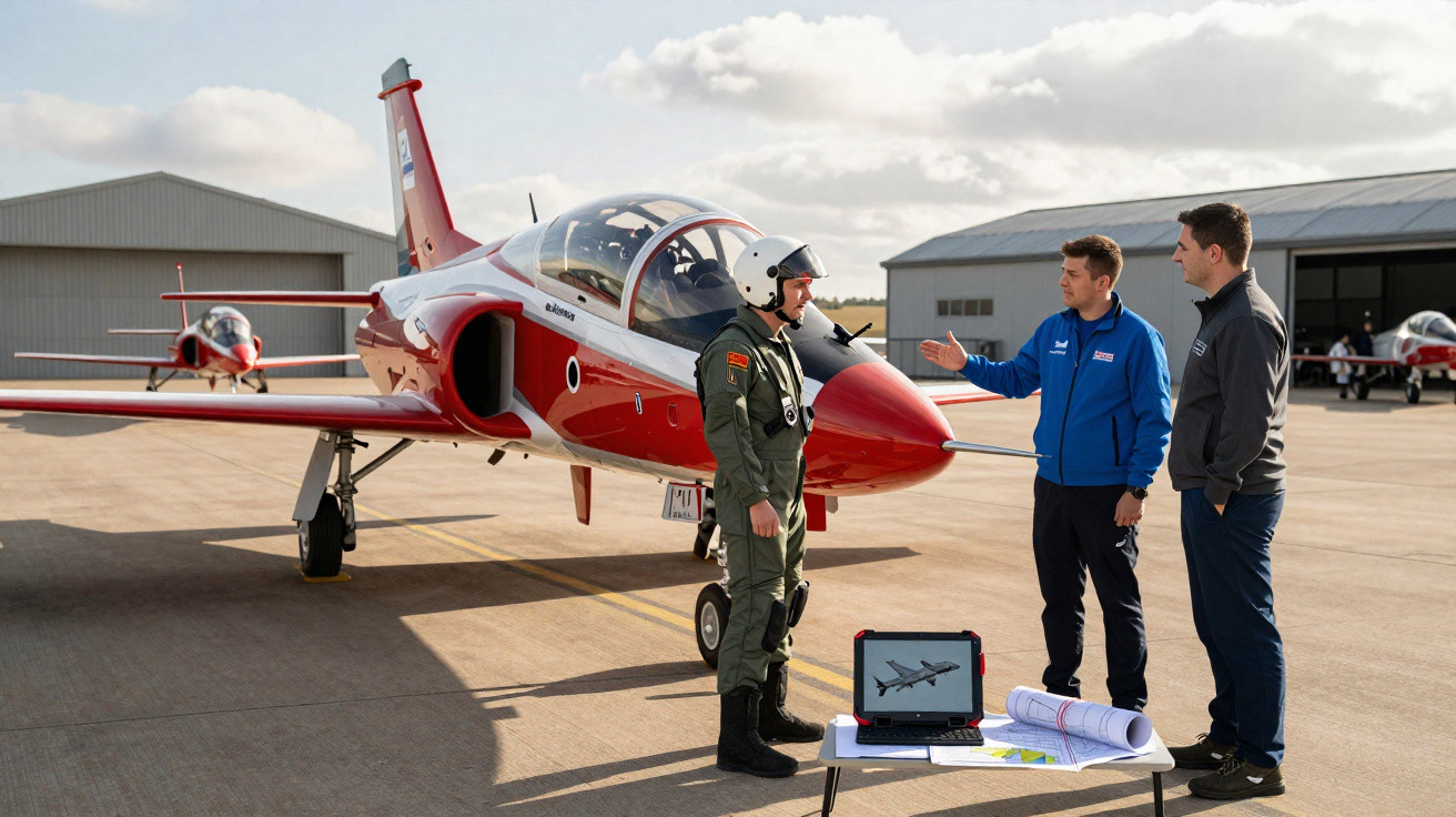 Piloto e dois técnicos debatem ao lado de jato vermelho e branco em área de hangar com tabelas e laptop.