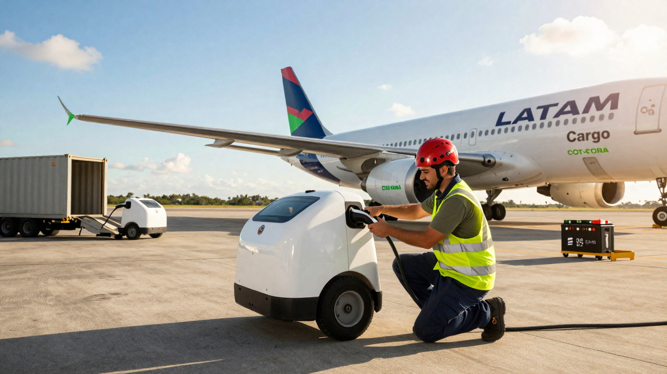 Homem com capacete e colete refazendo conexão em equipamento elétrico próximo a avião da LATAM Cargo no aeroporto.
