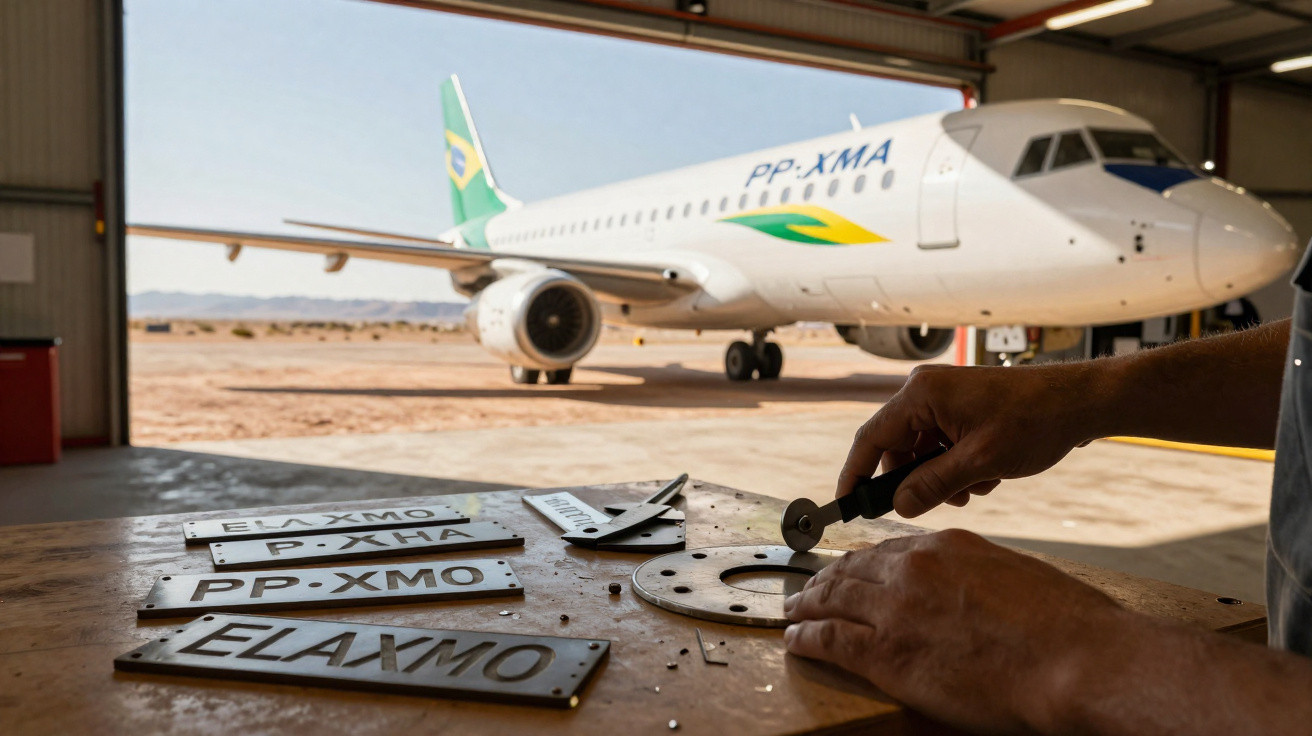 Mãos trabalham em placa com inscrição PP-XMA em oficina, avião branco com marcação semelhante ao fundo.