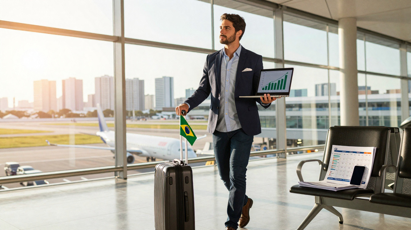 Homem de terno puxando mala com bandeira do Brasil e segurando laptop em aeroporto moderno.