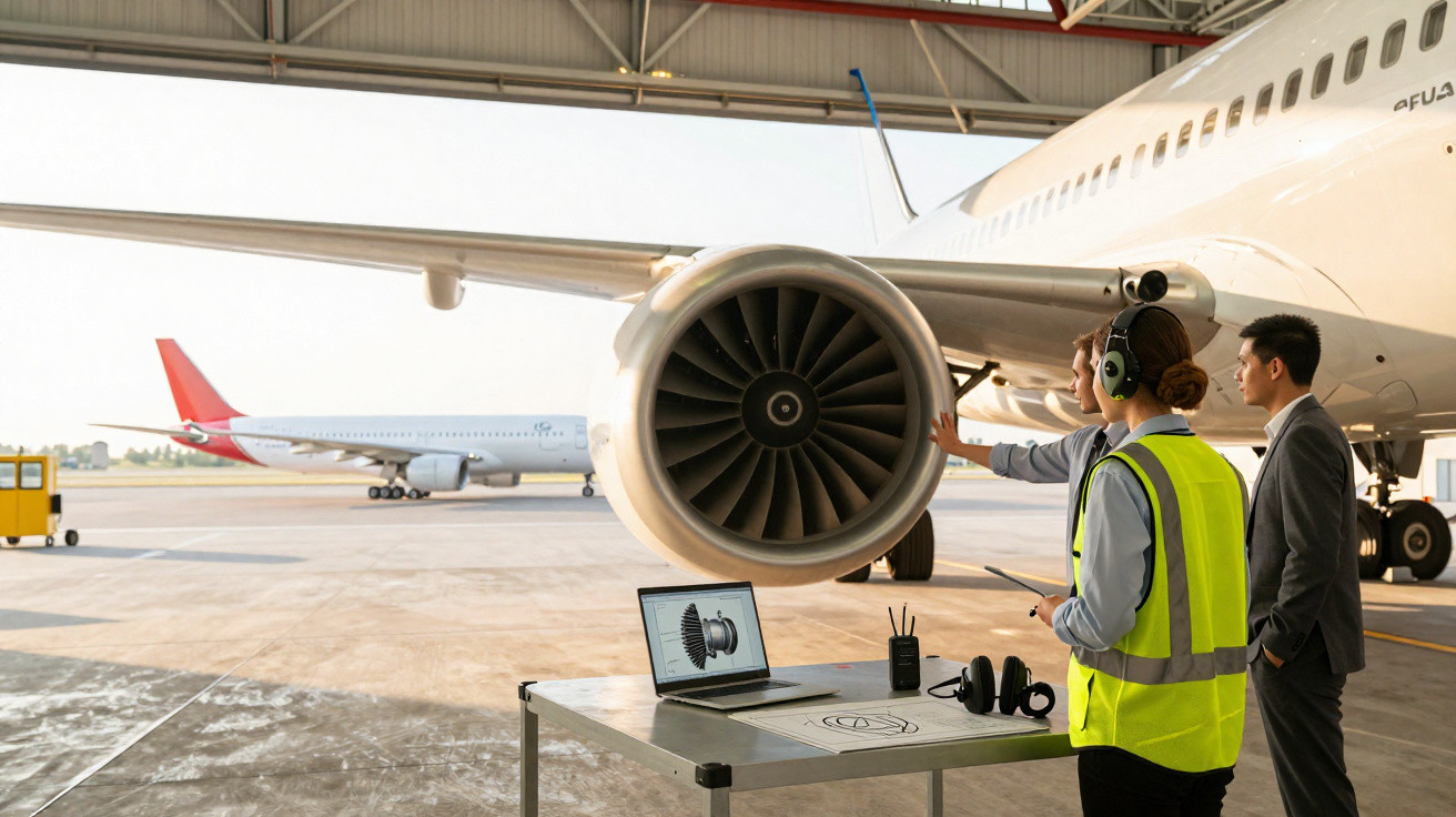 Técnicos inspecionam motor de avião em hangar com computadora e equipamentos de comunicação.