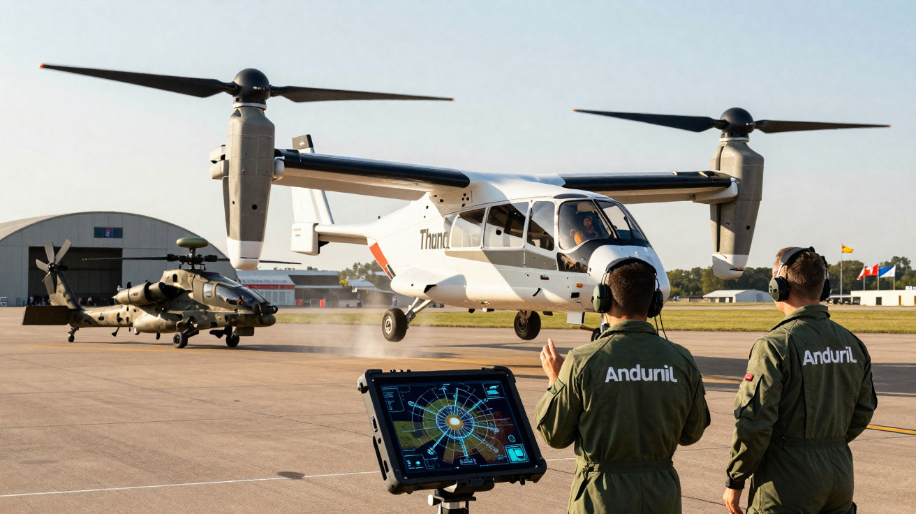 Dois técnicos observam aeronave Thundercat decolando, com helicóptero militar estacionado ao fundo em pista.