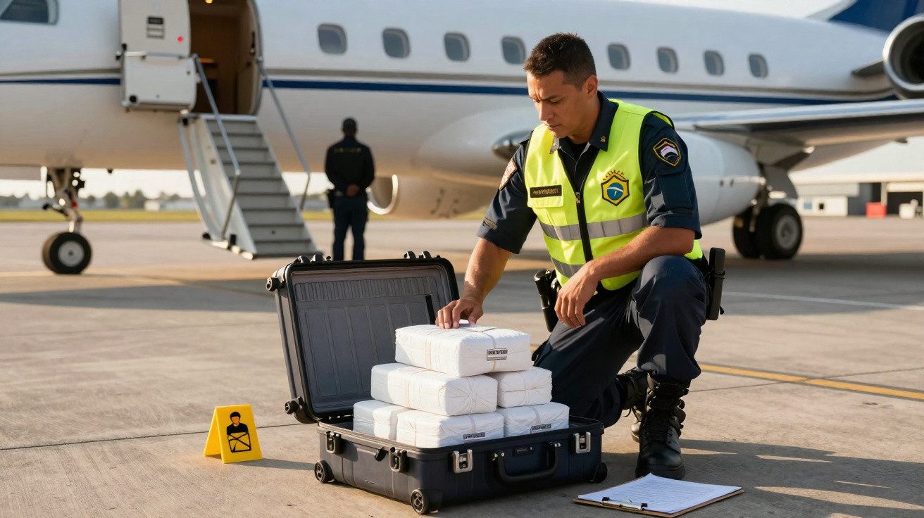 Agente da polícia federal inspeciona mala com pacotes brancos na pista de aeroporto ao lado de avião particular.