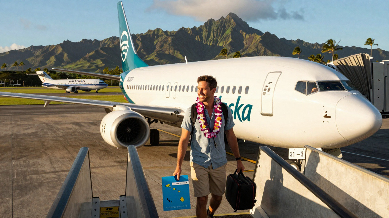 Homem sorridente com colar de flores caminha para saída de avião da Alaska Airlines em aeroporto com montanhas ao fundo.
