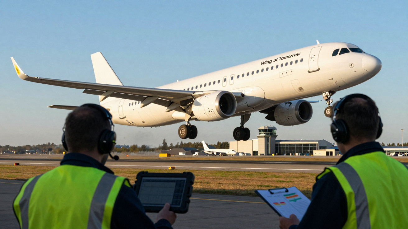 Avião branco pousando enquanto duas pessoas com coletes refletores observam na pista do aeroporto.