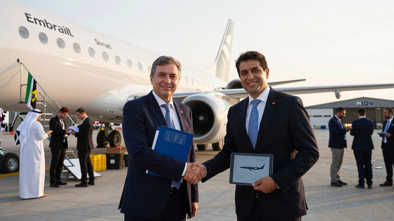 Dois homens de terno apertando as mãos em frente a um avião Embraer em aeroporto durante o dia.