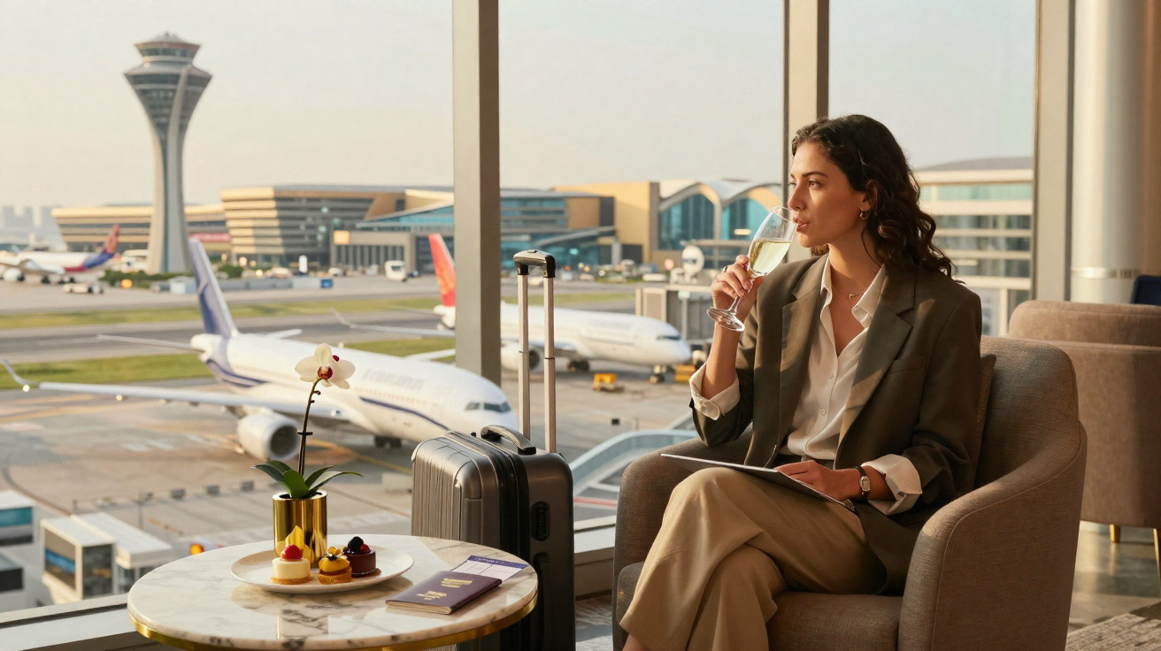 Mulher sentada em poltrona no lounge do aeroporto, com taça de bebida, mala e avião ao fundo.