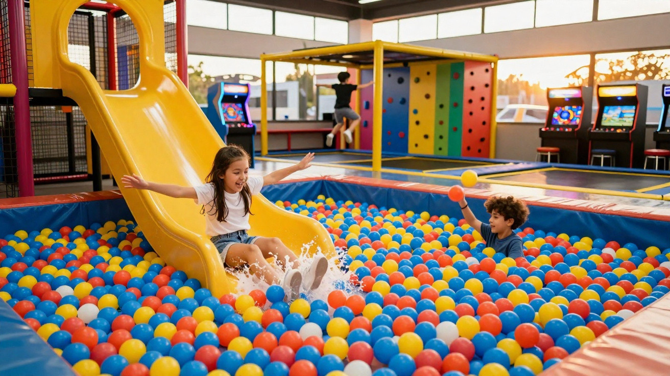 Crianças brincando em piscina de bolinhas coloridas com escorregador amarelo em brinquedoteca indoor.