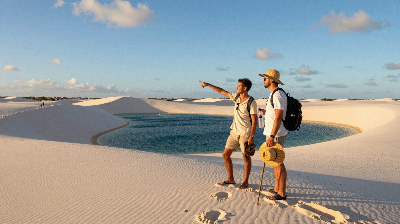 Dois homens em roupa leve observam lago azul entre dunas de areia branca sob céu azul com poucas nuvens.
