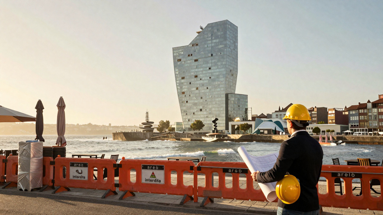 Engenheiro de capacete olhando planta com prédio moderno e mar ao fundo em área de construção bloqueada.