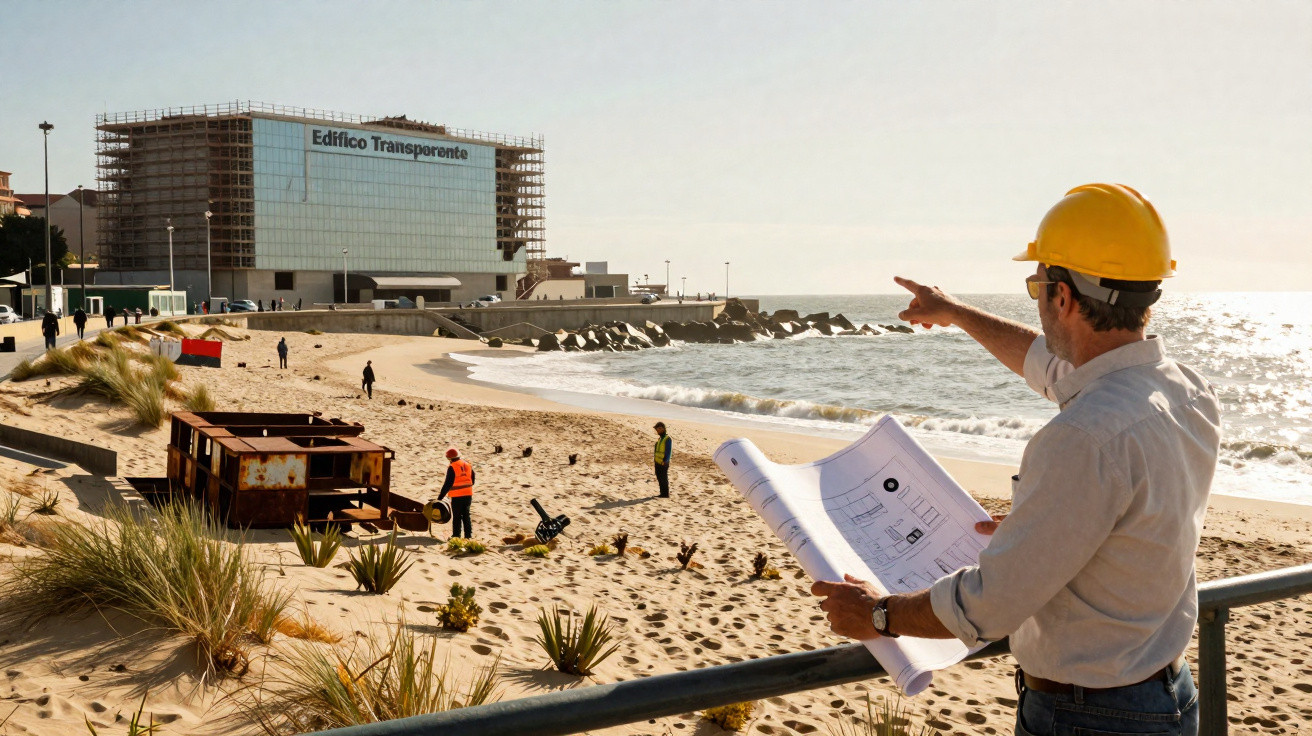 Engenheiro com capacete amarelo analisa projeto na praia com prédio em construção ao fundo durante o dia.